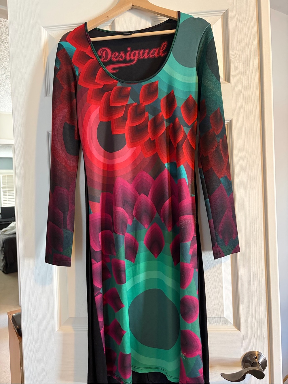Desigual Long Sleeve Dress in Teal, Pink, Red and Black